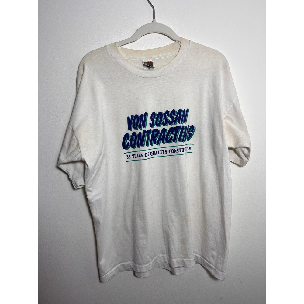 Vintage Fruit of the Loom Von Sossan‎ Contracting Graphic T-Shirt White 50/50